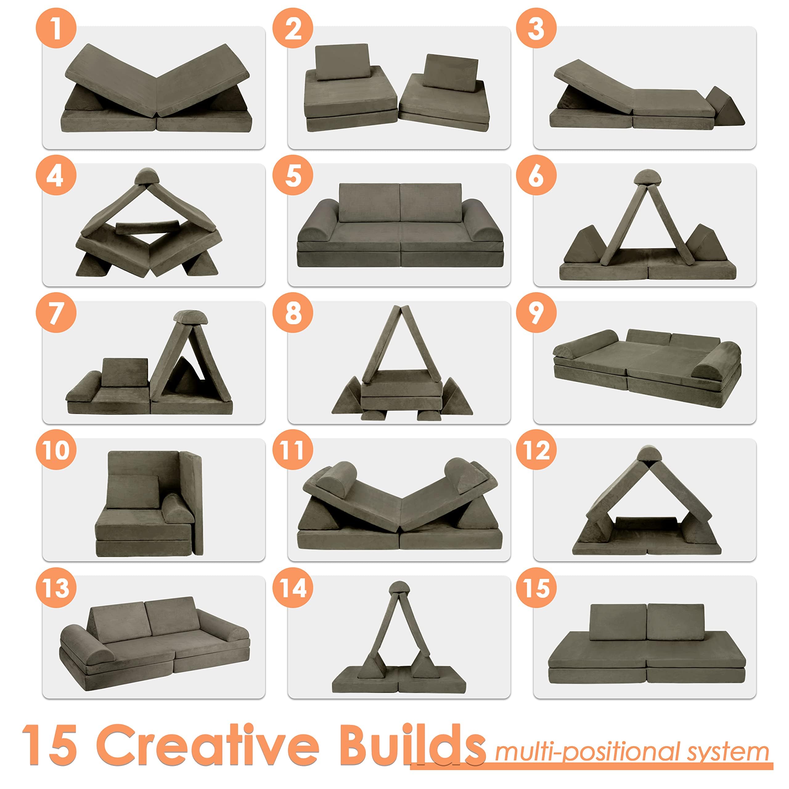 **Large Modular Play Couch for Kids – Convertible Foam Cushion Sofa for Boys & Girls, Charcoal Grey – Perfect for Playroom, Bedroom & Building Forts**