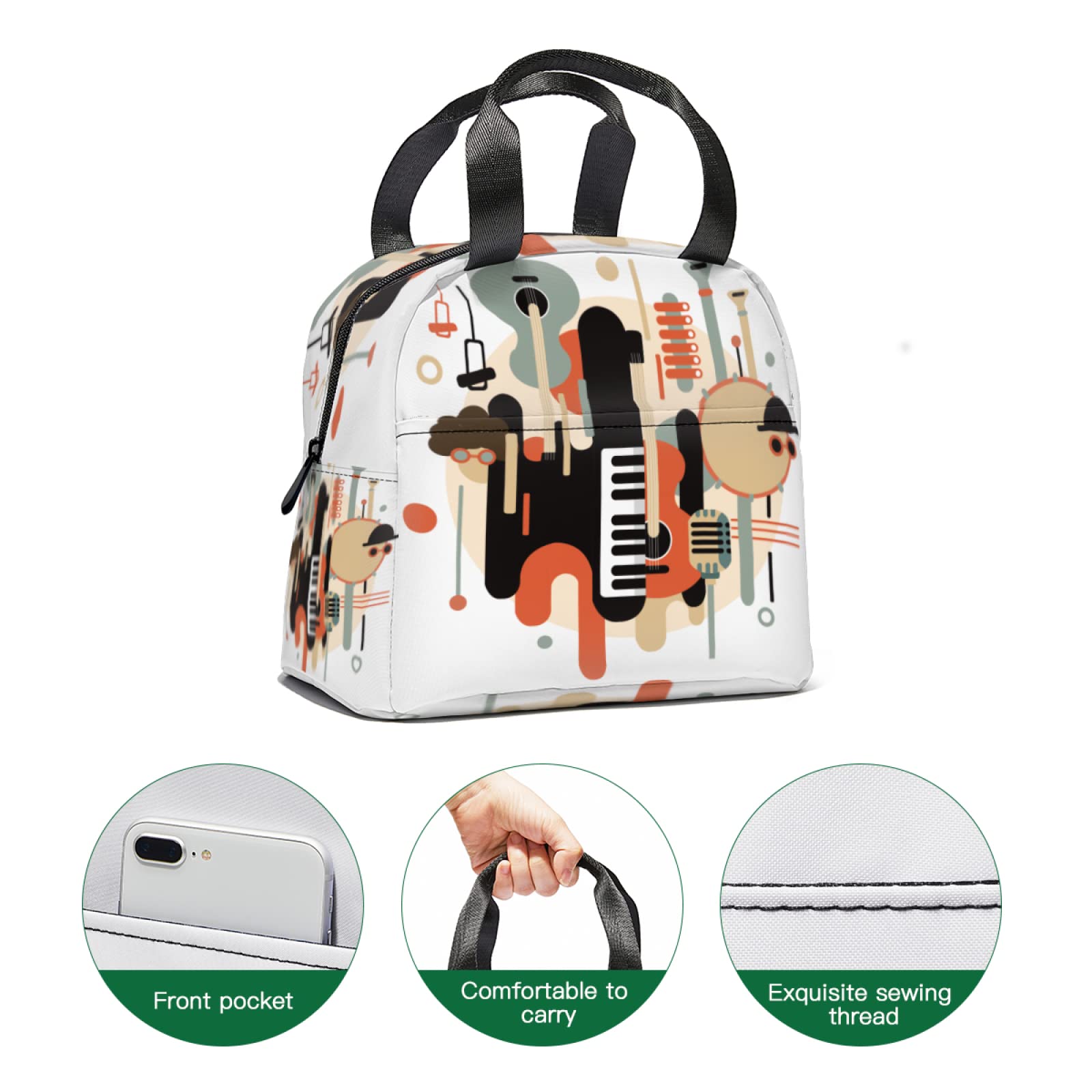 Vintage Musical Instrument Print Lunch Tote Bag - Insulated Reusable Lunch Box with Front Pocket for Women & Men | Perfect for School, Office, Picnic & Music Lovers (Piano, Guitar Design)