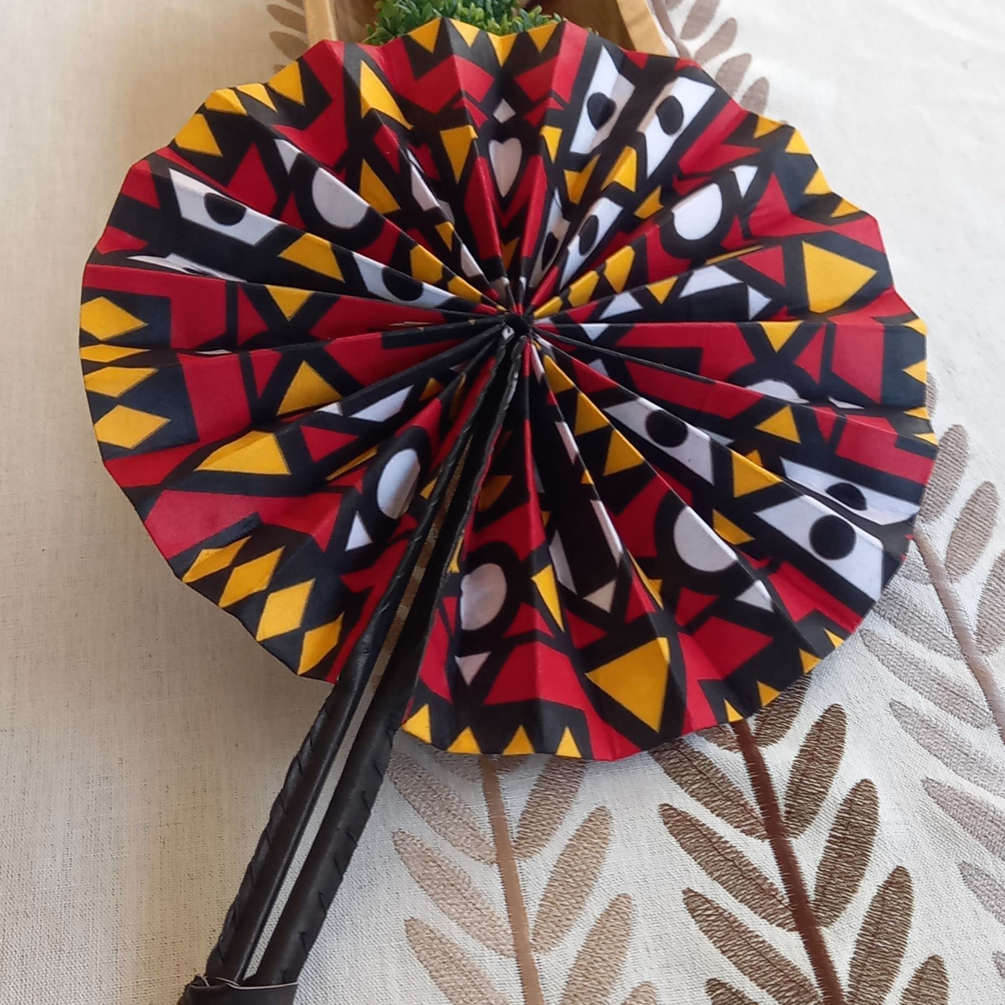 **African Handmade Round Folding Fan - Traditional Fabric Design - Elegant Handheld Cooling Fan for Travel, Weddings & Home Decor (Design 5)**