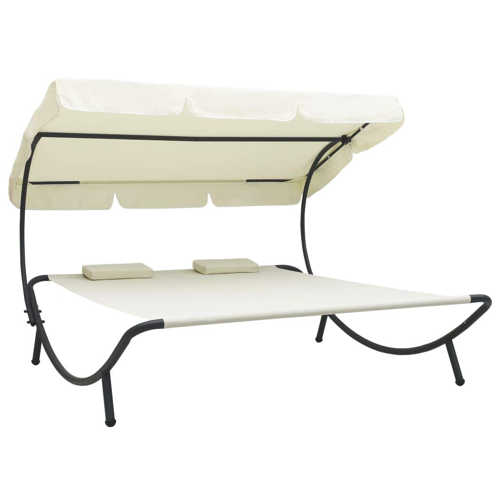Premium Outdoor Lounge Bed with Canopy & Pillows - Cream White Patio Furniture for Poolside, Garden, or Beach Relaxation