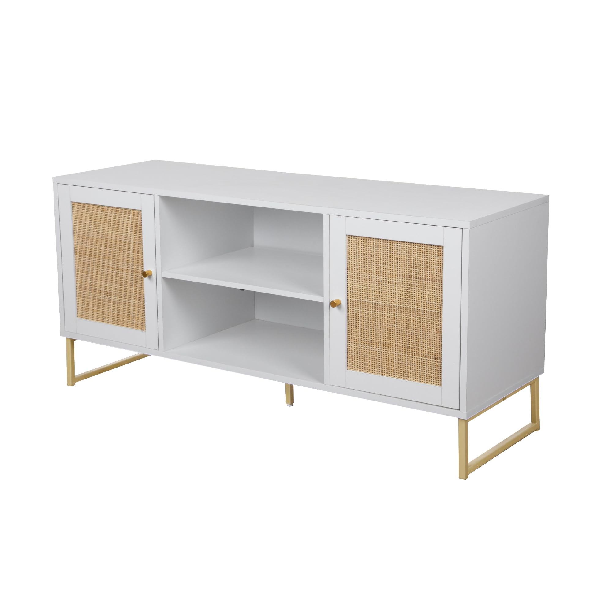 Nathan James Mina Modern TV Stand with Rattan Storage Doors - Matte White & Gold Entertainment Console for Living Room & Media Room | Stylish TV Cabinet with Brass Accents for Home Theater Setup