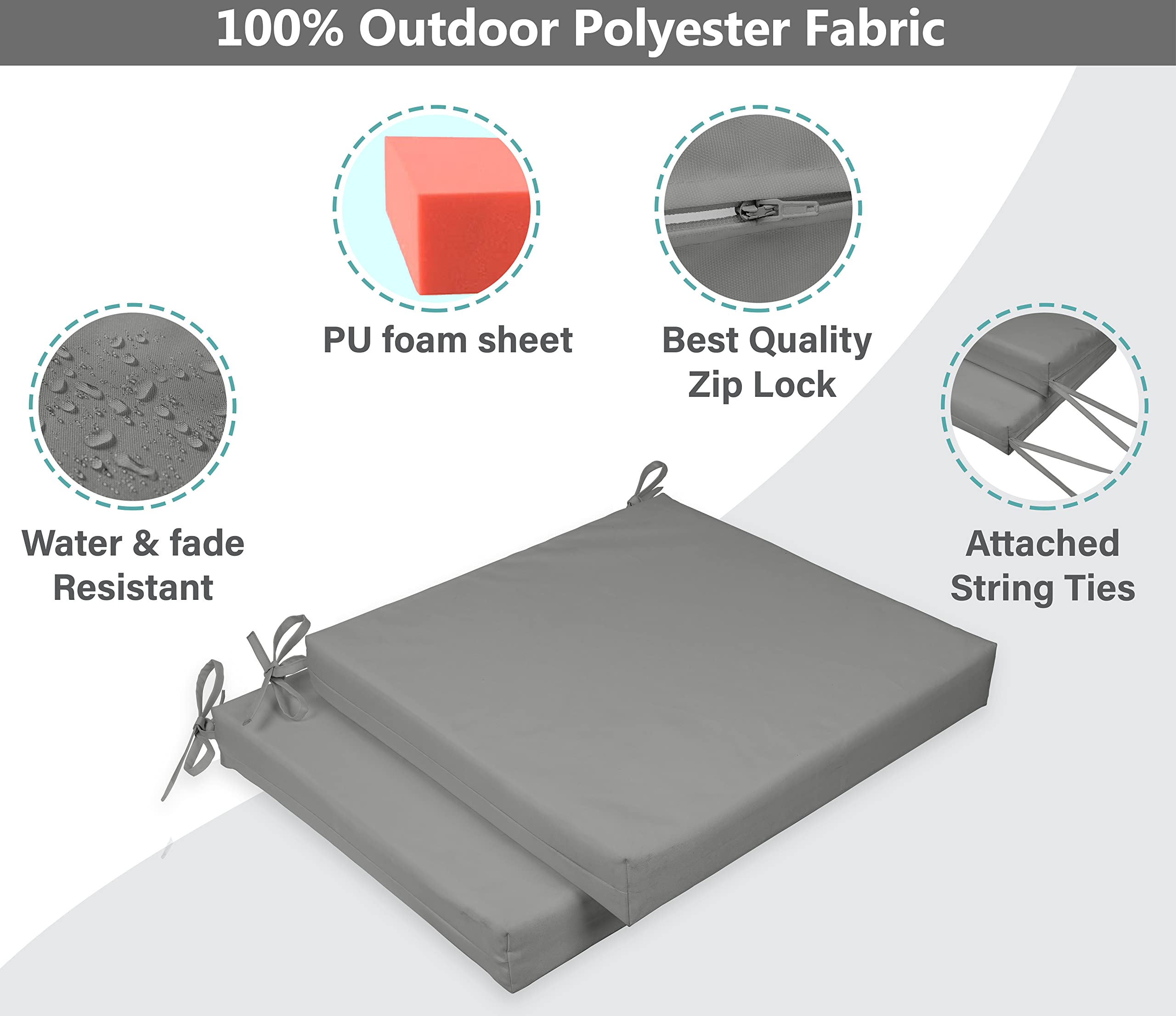 Premium 20x20 Inch Indoor/Outdoor Square Chair Cushions with Ties - Waterproof Patio Seat Cushions Set of 2 for Garden Furniture, Deck Chairs & Home Decor (Gray) - Perfect for Backyard Lounging, Poolside Relaxation & Outdoor Dining