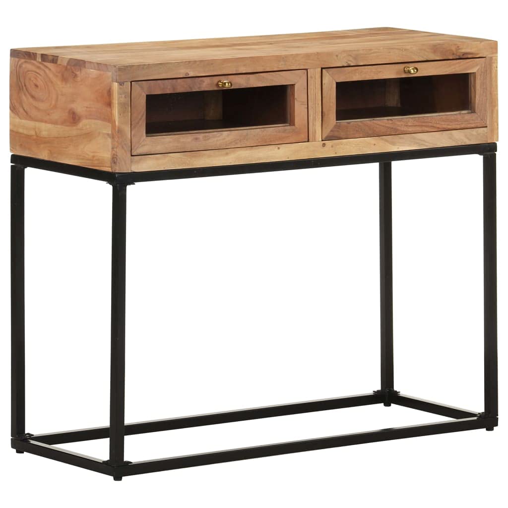 Industrial Console Table with Glass Drawer - Solid Acacia Wood Entryway Table 35.4
