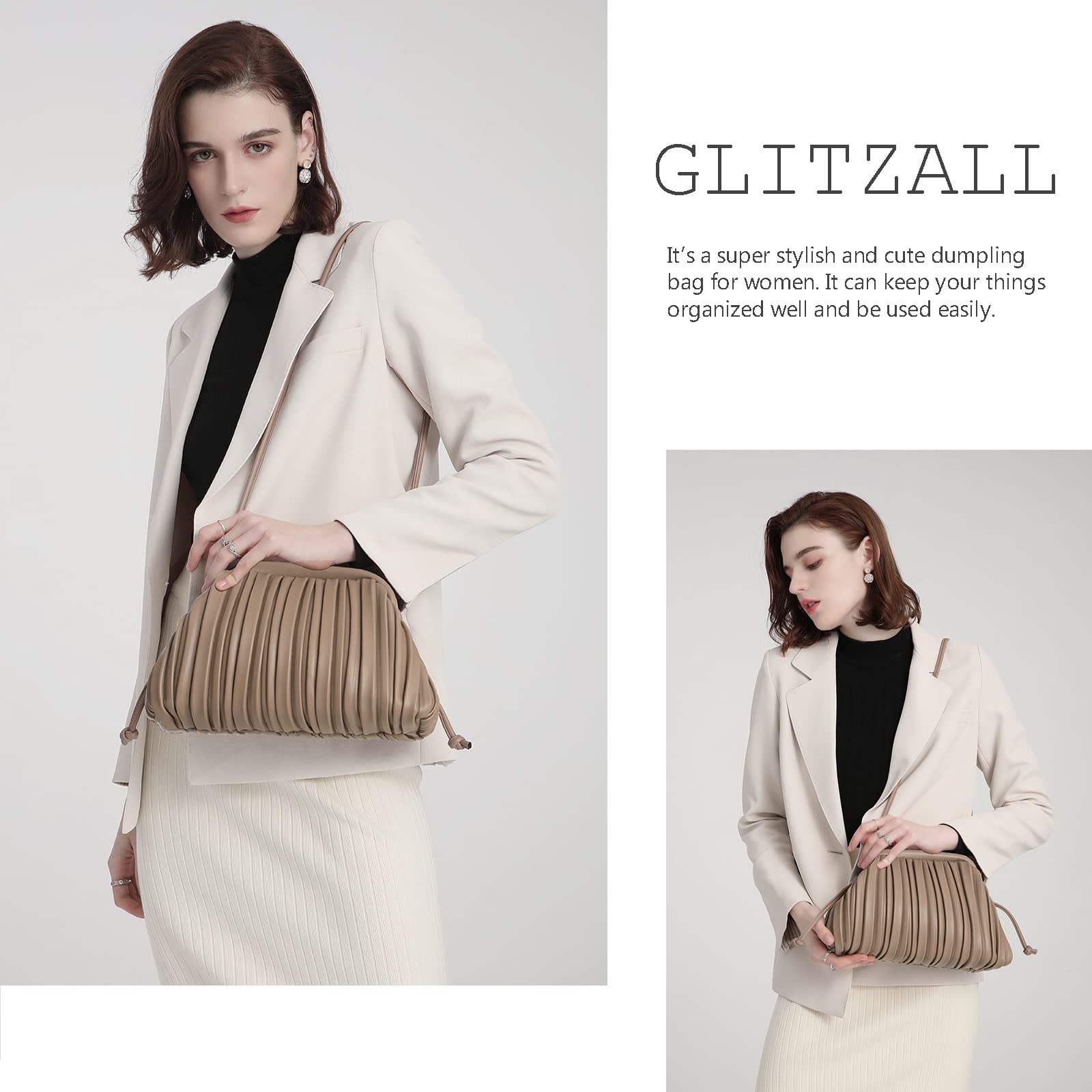 GLITZALL Women's Designer Clutch Purse & Dumpling Bag - Elegant Cloud Handbag with Detachable Shoulder Strap, Ruched Evening Bag for Parties, Weddings & Special Occasions