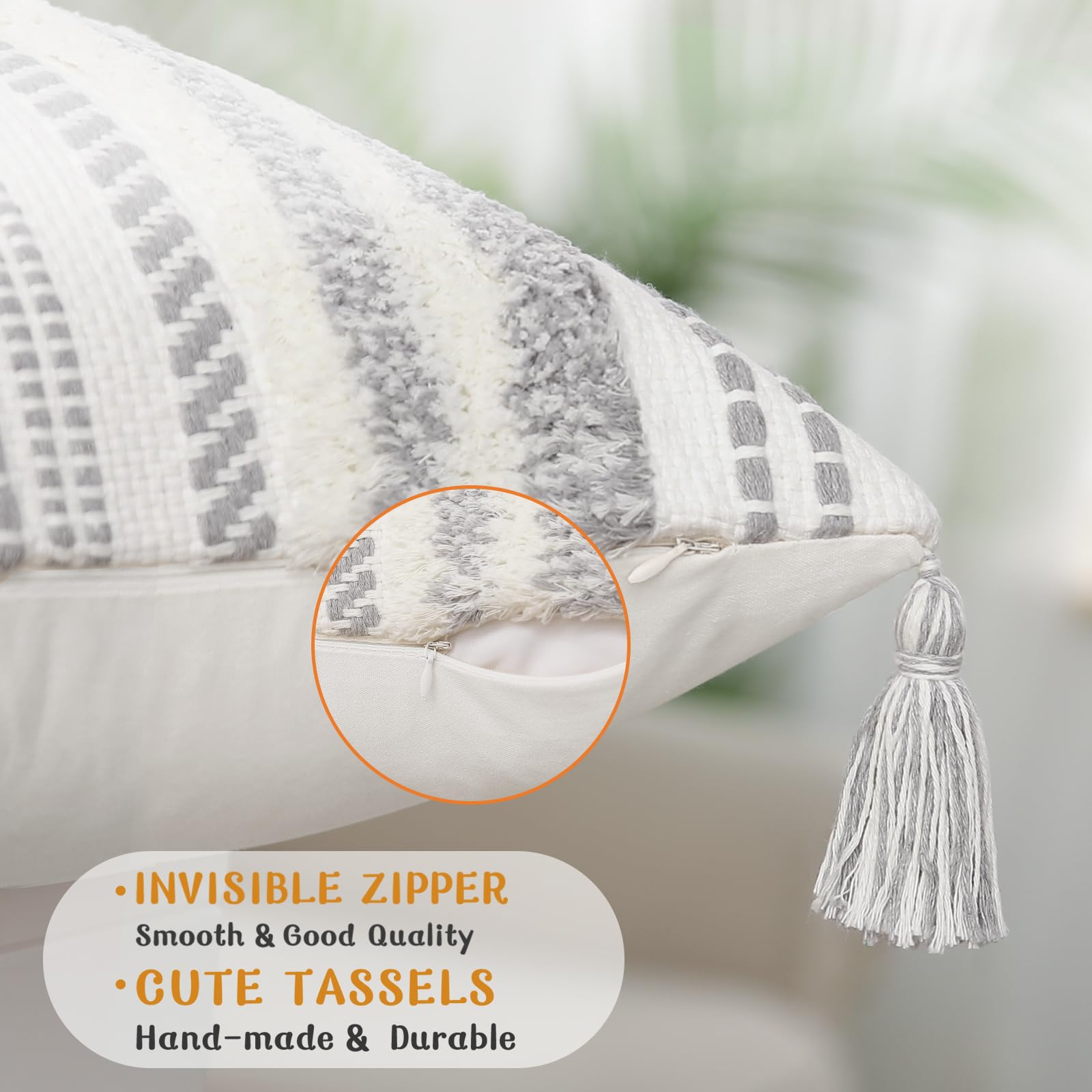 Boho Throw Pillow Covers 20x20 Set of 2 - Neutral Textured Tufted Striped Decorative Cushion Covers for Sofa, Couch, Bed & Living Room - Grey and Cream White - Perfect for Boho Chic, Farmhouse & Modern Home Decor