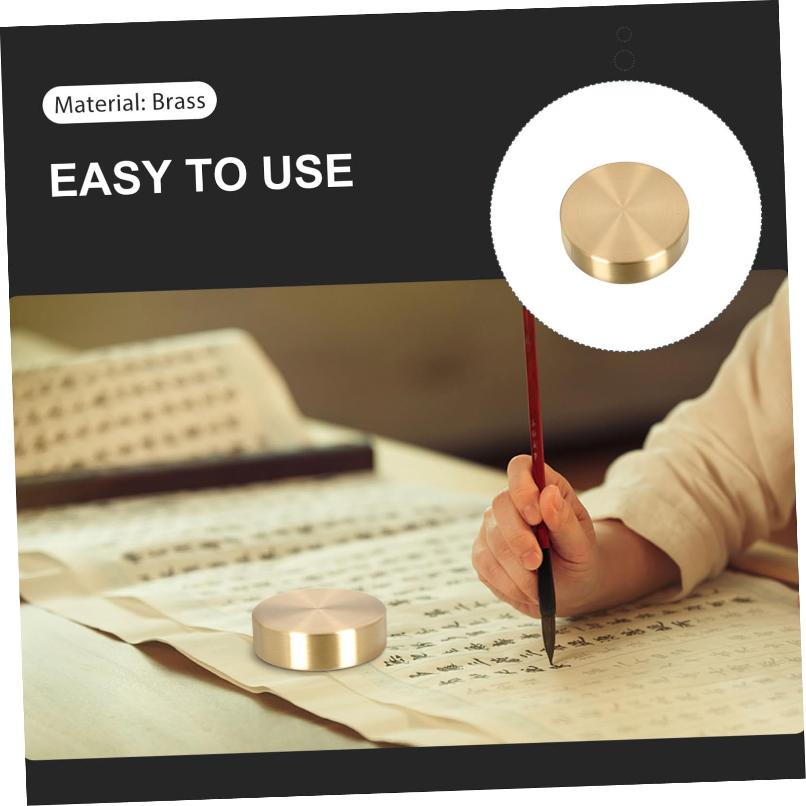 KITANDOVE 2-Piece Brass Round Paperweight Set - Heavy Duty Calligraphy Brush Holder & Painting Tool - Perfect for Artists, Writers & Office Use