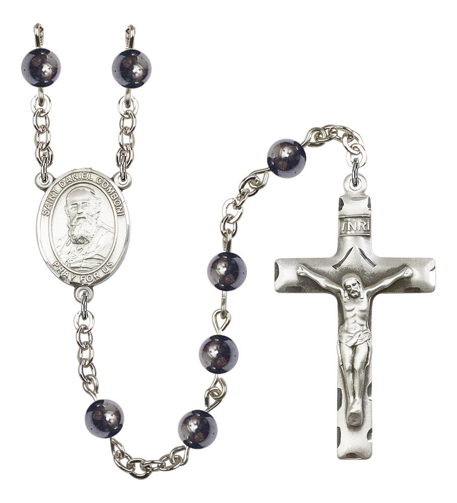 Silver Plate Rosary with 6mm Hematite Beads - 1 3/4 x 1 Crucifix & St. Daniel Comboni Medal Centerpiece | Perfect for Prayer, Meditation & Catholic Gifts