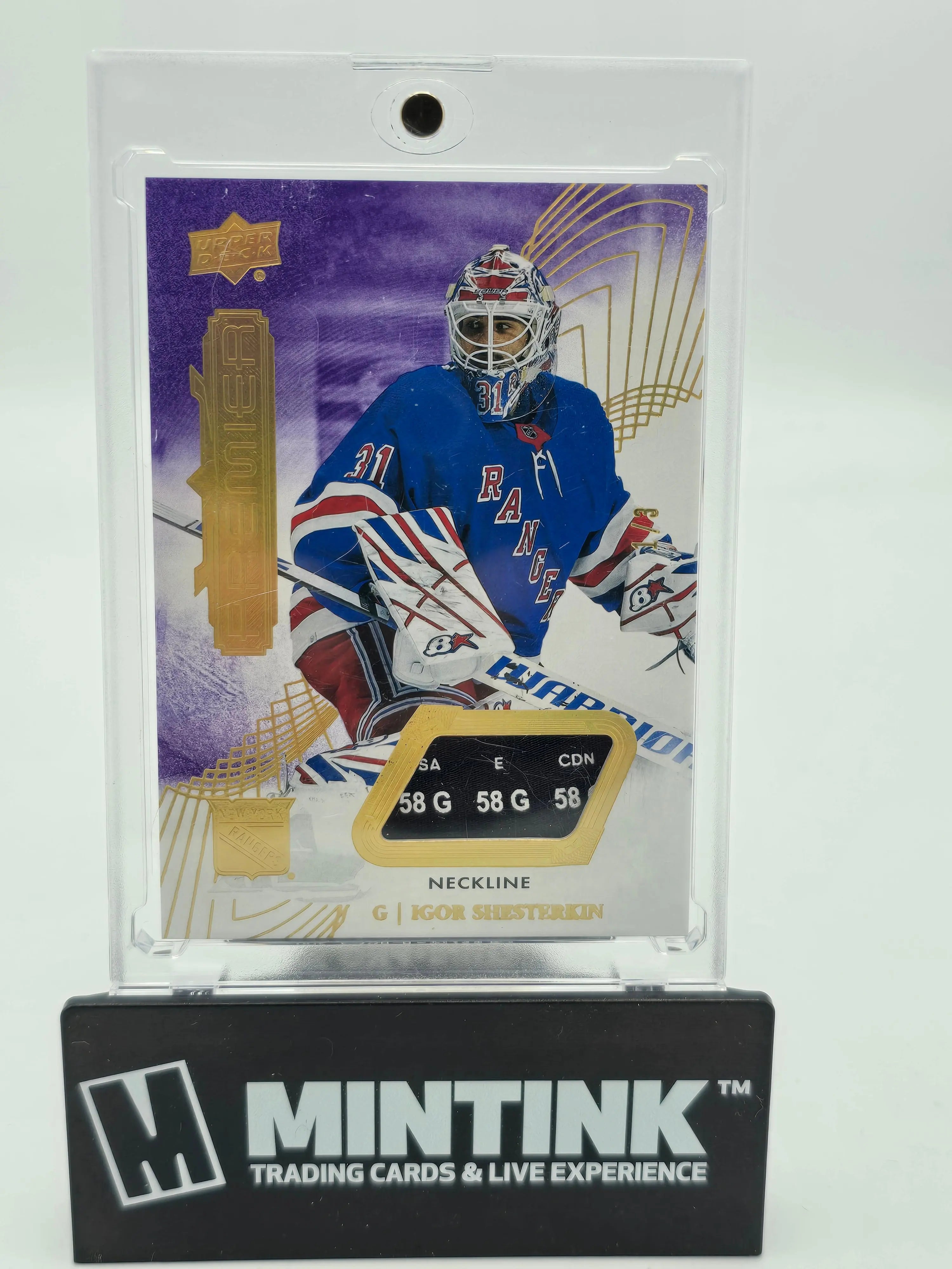2022-23 Upper Deck Premier Hockey Igor Shesterkin Purple Gold Foil Neck Line Relic 1/3 - Rare NHL Collectible for Hockey Fans & Sports Memorabilia Collectors - Perfect for Display, Investment & Gifting