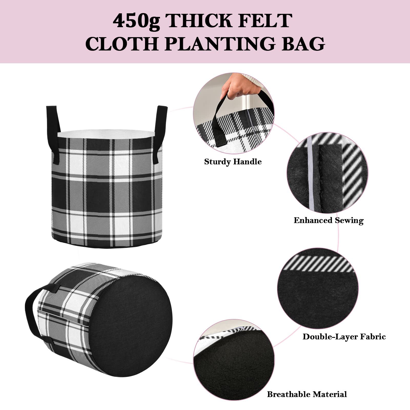 3 Gallon Grow Bags with Handles - Heavy Duty Aeration Fabric Pots for Plants, Thickened Felt Plant Containers, Farmhouse Black and White Buffalo Check Plaid - Perfect for Indoor/Outdoor Gardening, Vegetables, Flowers & Herbs