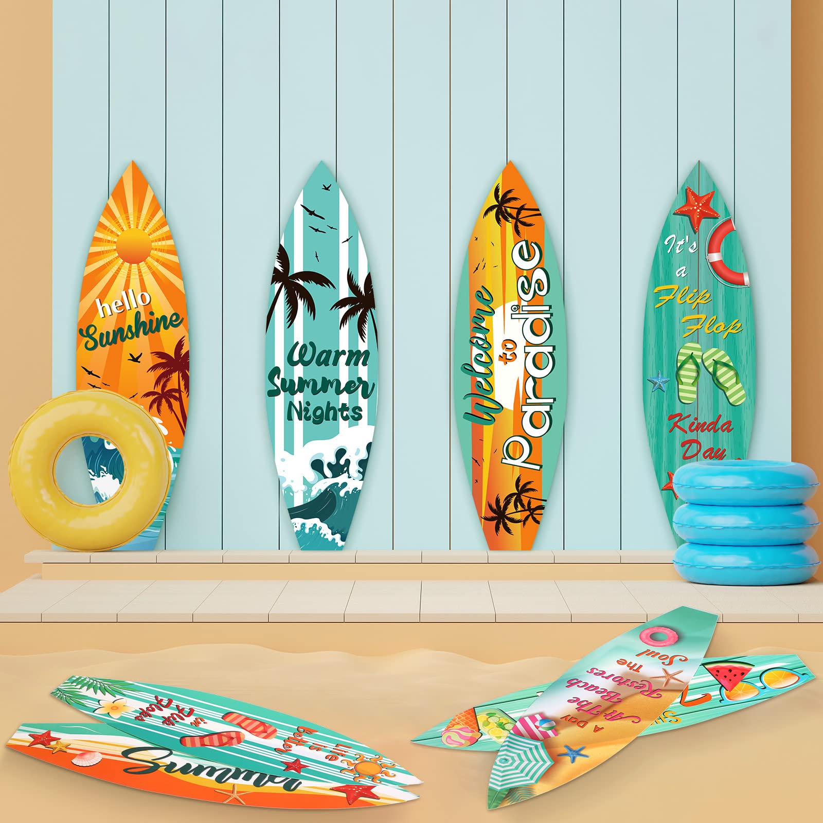 9 Pcs Surfboard Beach Signs Cutouts - Tropical Hawaii Party Decorations, Summer Luau Pool Party Supplies, Paper Wall Decor for Beach Bar & Welcome to Paradise Theme - Perfect for Backyard BBQ, Tiki Party & Vacation Vibes