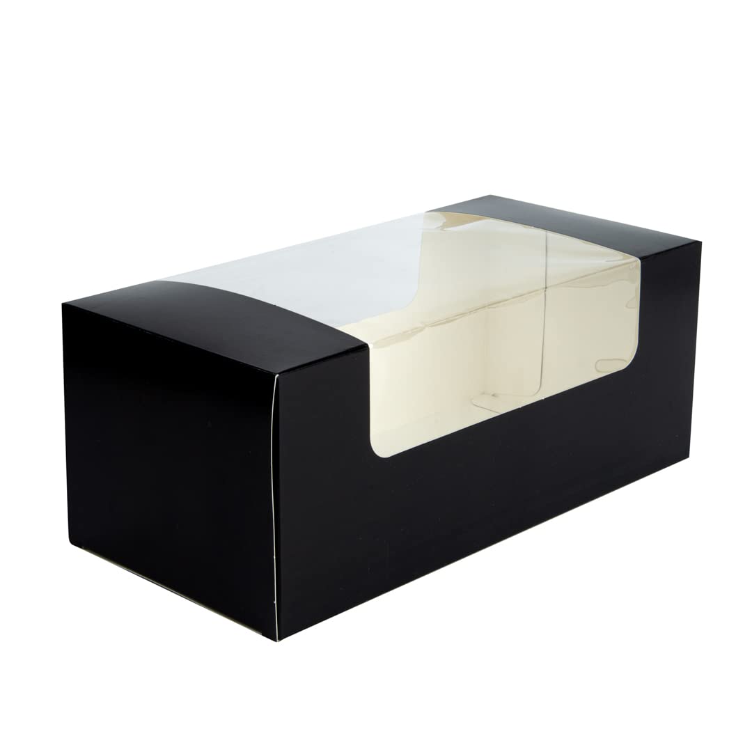 Restaurantware Pastry Tek 9.8 x 4.7 x 3.9 Inch 100-Pack Disposable Donut Boxes with Clear Window | Easy Assembly Black Paper Cookie Packaging for Muffins, Cupcakes & Mini Cakes | Perfect for Bakeries, Cafés & Catering Events