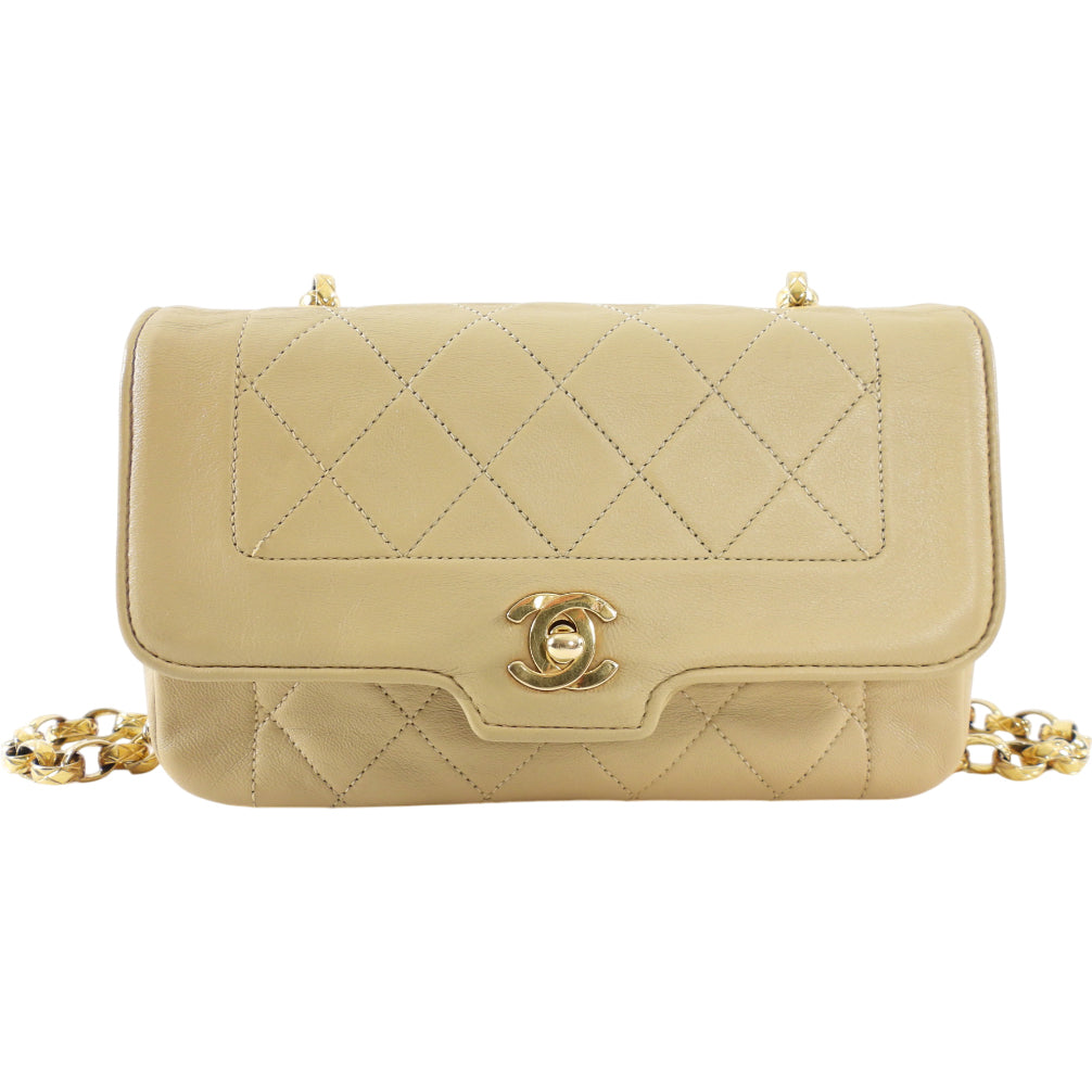 Vintage Chanel 1989 Beige Mini Quilted Border Chain Flap Bag - Luxury Designer Crossbody Purse for Women, Perfect for Date Night & Special Occasions