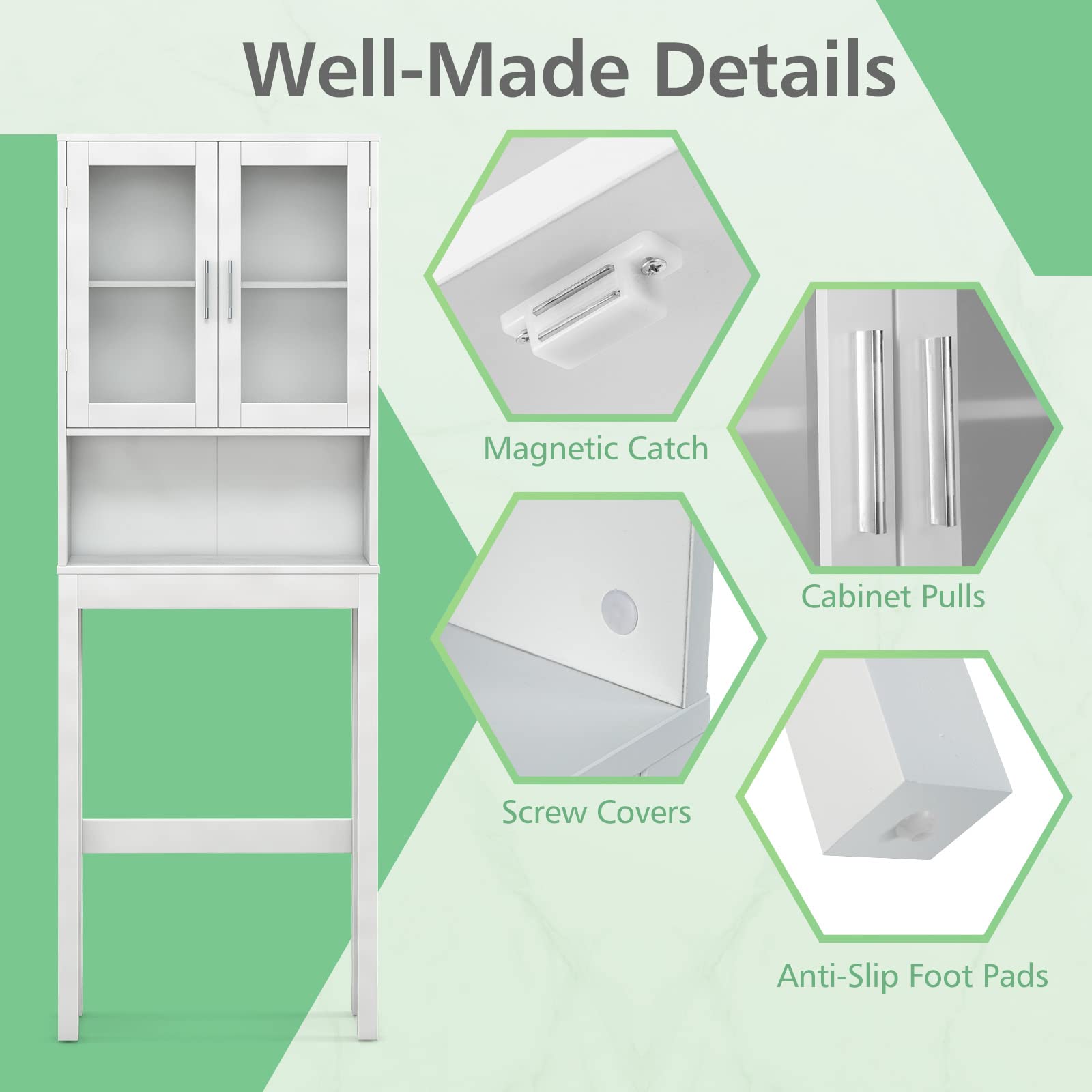 Over The Toilet Storage Cabinet - Bathroom Organizer with Frosted Glass Doors, Adjustable Shelves & Open Compartment - Freestanding Toilet Rack for Washroom, Laundry & Bath Essentials (67