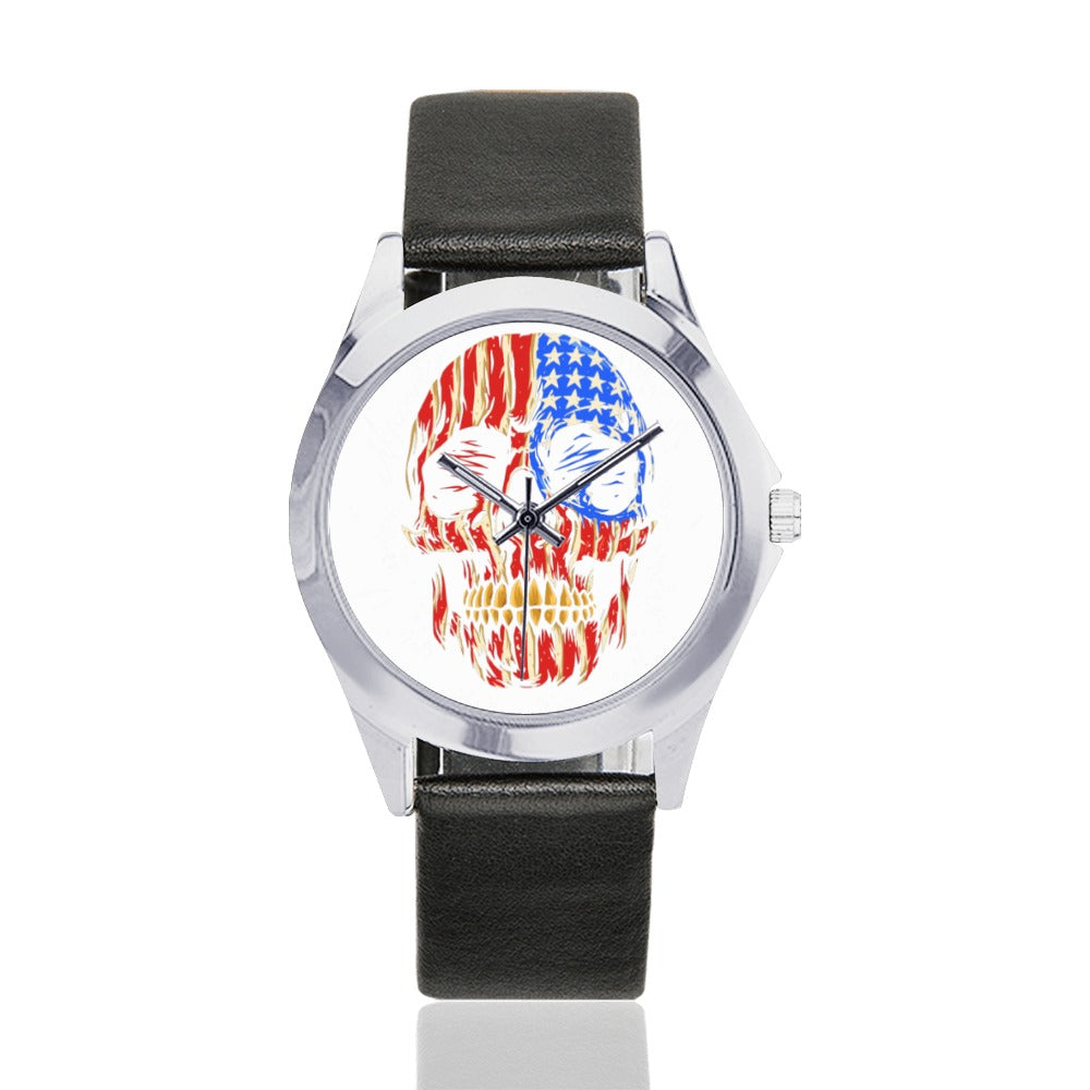 Patriotic American Flag Skull Head Silver Tone Round Leather Watch for Men - Perfect for Casual Wear, Outdoor Adventures & Gift Giving