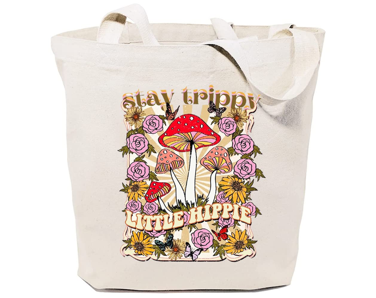 Stay Trippy Little Hippie Canvas Tote Bag - Eco-Friendly Reusable Grocery Shoulder Bag with Bohemian Flower & Mushroom Design for Women | Perfect for Shopping, Beach Trips & Festival Fashion