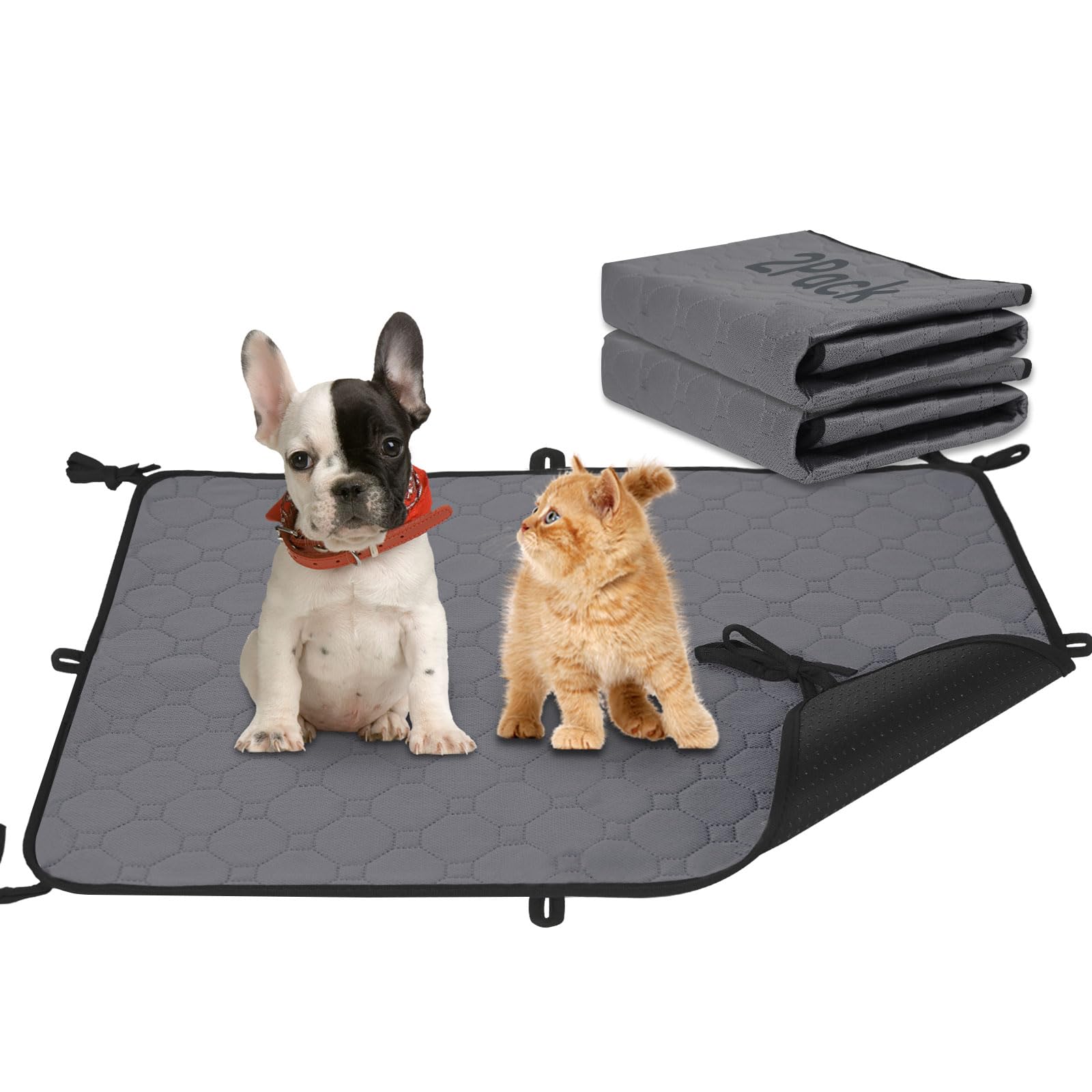 2 Pack Reusable & Washable Dog Pee Pads - Waterproof Puppy Potty Training Pads with Straps, Laminated Whelping Pad for Dogs (Grey, Size M 27.5