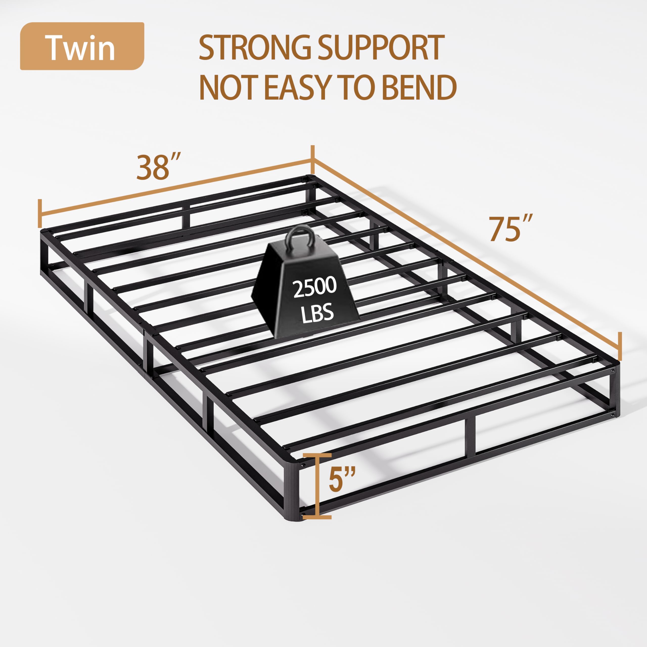 5 Inch Twin Box Spring - Heavy Duty Metal Frame with Fabric Cover, Easy Assembly Mattress Foundation Supports Up to 2500lbs - Perfect for Guest Beds, Dorm Rooms & Small Bedrooms