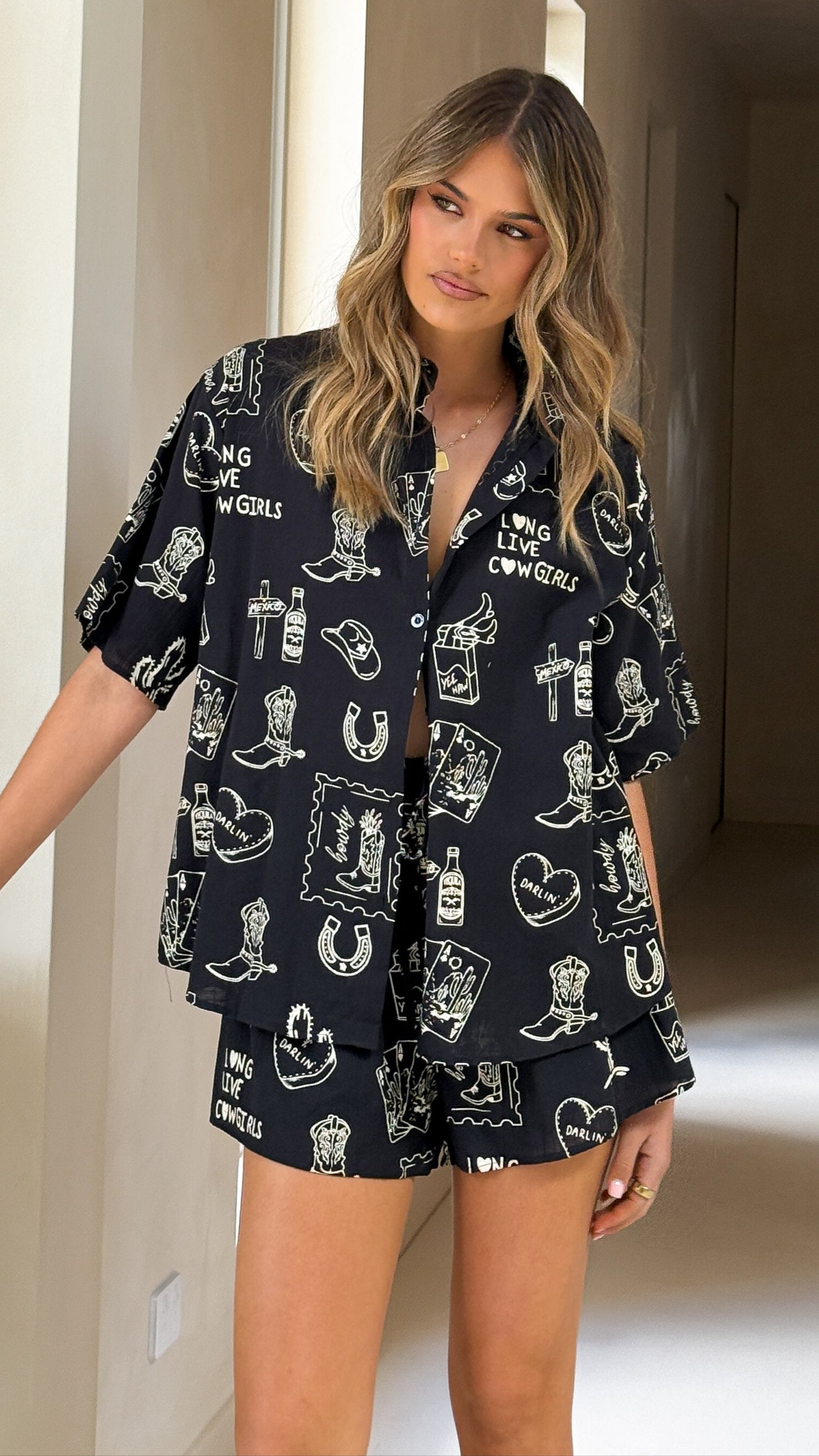 Charli Cowgirl Button Up Shirt and Shorts Set - Black & Beige Western Outfit for Women | Perfect for Rodeo, Country Music Festivals & Western-Themed Parties