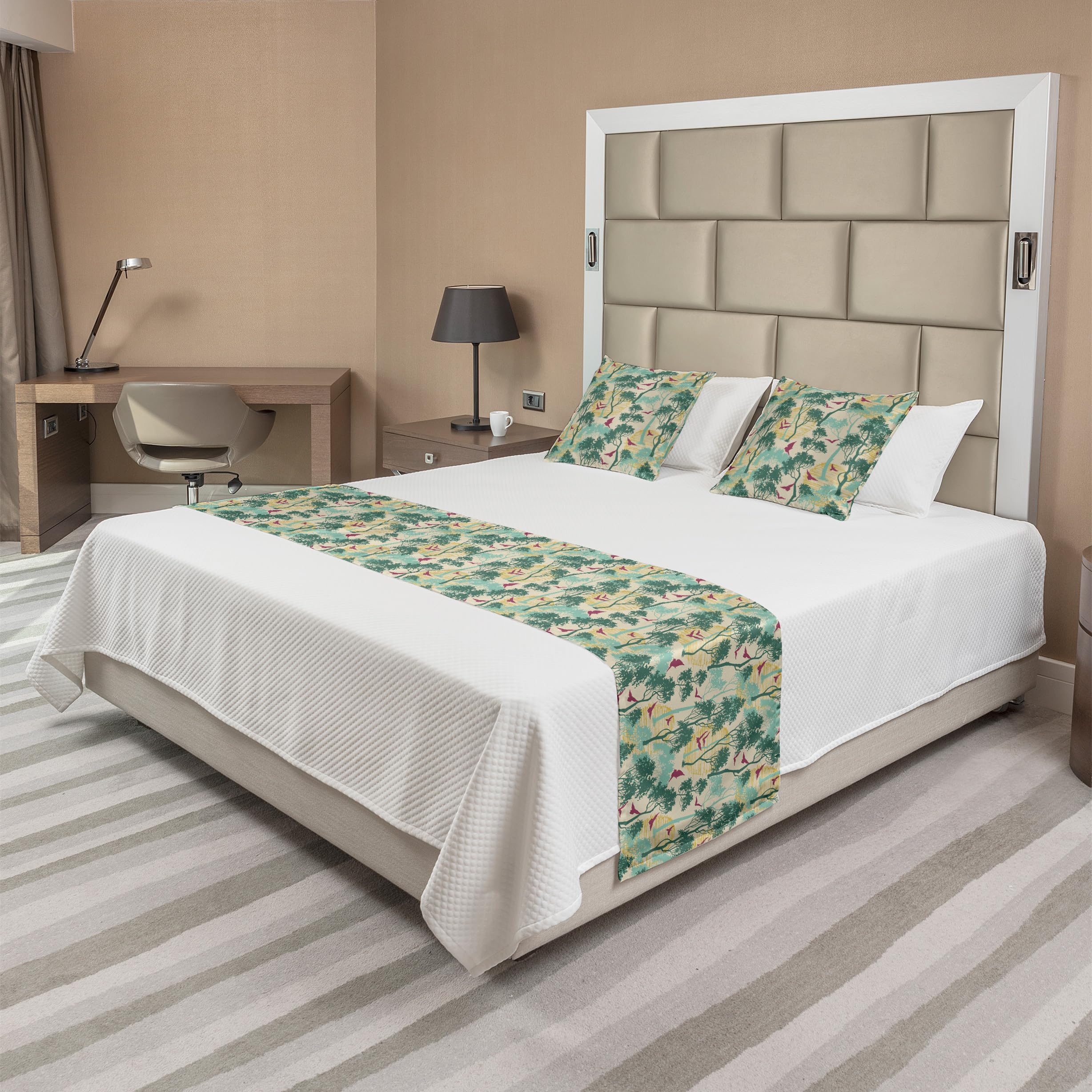 Ambesonne Hand-Drawn Forest Bed Runner Set with Trees & Birds - Decorative Bedding Scarf & 2 Pillow Shams for Queen Bed, Grey Yellow Seafoam - Perfect for Hotel & Home Bedroom Decor