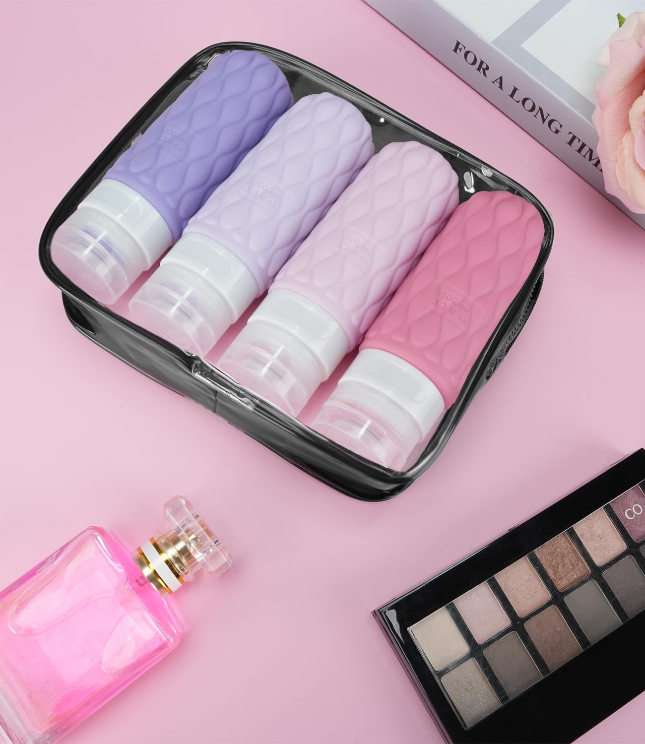 3.4oz 4 Pack TSA Approved Travel Bottles for Toiletries - Leak Proof Silicone Squeezable Containers with Clear Zipper Toiletry Bag - Perfect for Air Travel, Camping & Gym Essentials