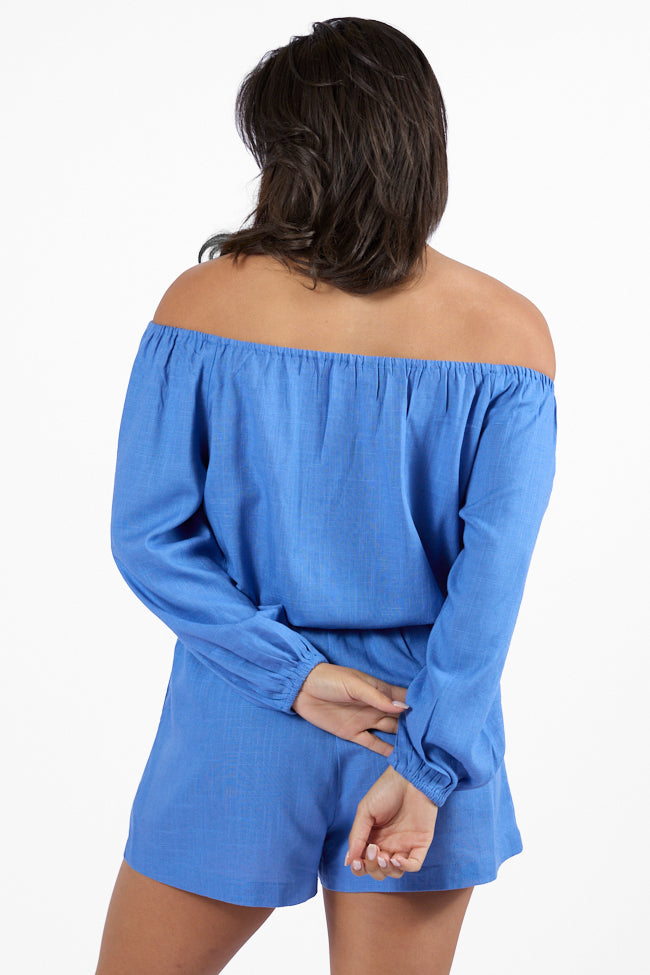 Deep Blue Off The Shoulder Shorts Set - Women's Summer Beach Outfit | Perfect for Vacation, Pool Party & Casual Wear
