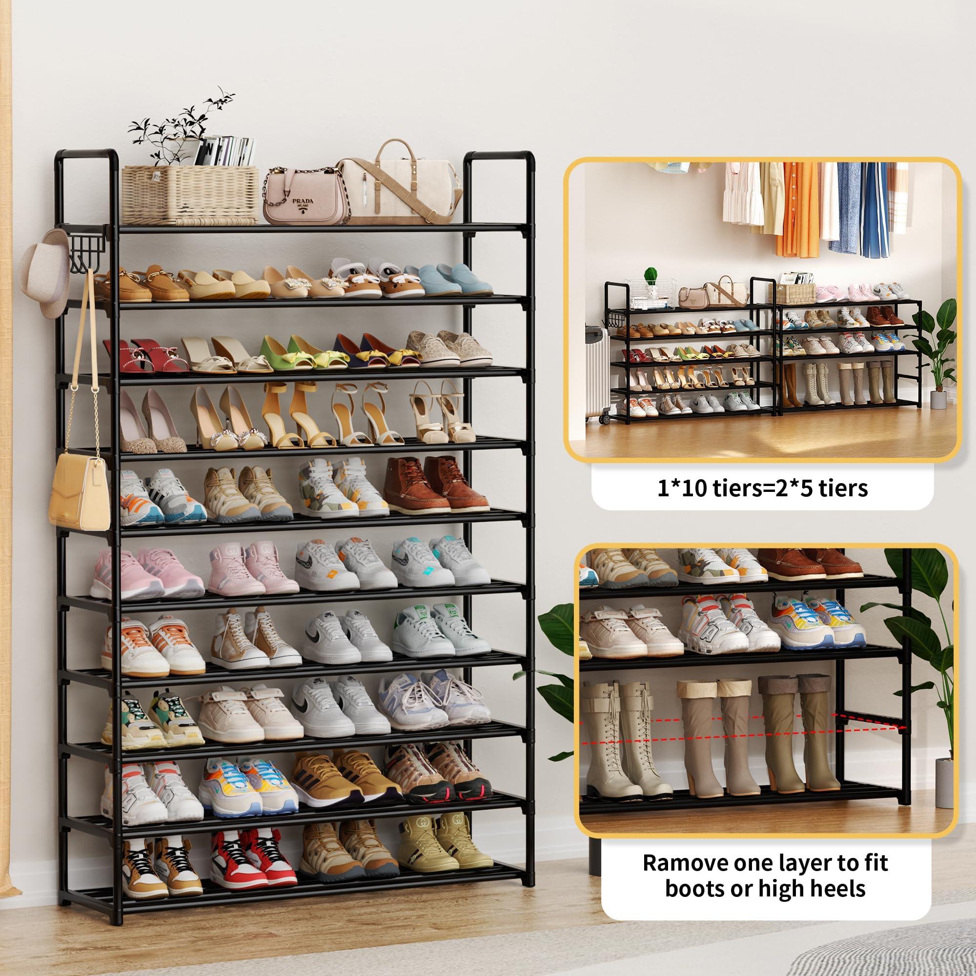 10-Tier Shoe Organizer - Large Metal Shoe Rack with Hooks Holds 40-50 Pairs | Space-Saving Closet Storage | Perfect for Entryway, Bedroom, Garage & Dorm Organization | Heavy Duty Shoe Shelf for Sneakers, Boots & Heels