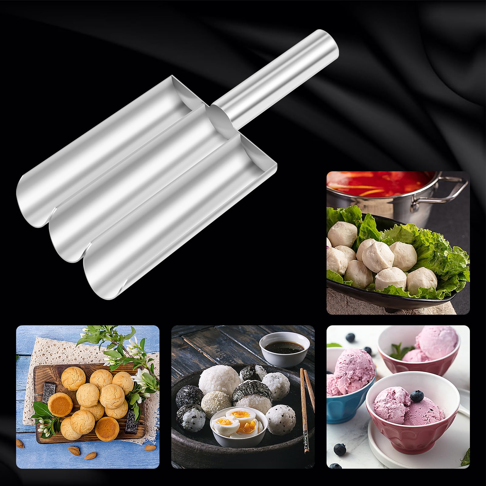 Stainless Steel Triple Meatball Scoop Maker with Scraper - Long Handle Manual Meat Baller for Perfect Meatballs & Cookie Dough - Ideal for Home Kitchen, Restaurant & Meal Prep