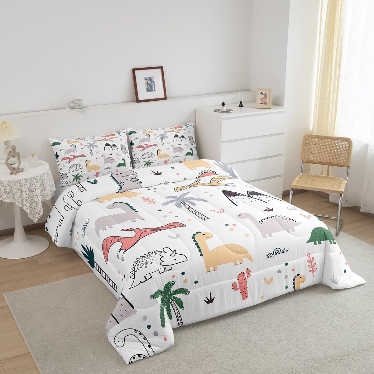 Feelyou Dinosaur Comforter Set - Queen Size Kids Bedding with Cartoon Dinos & Jungle Animals - Soft Duvet Cover for Boys & Girls Nursery Decor - Perfect for Kids' Rooms, Birthday Gifts & Dinosaur Themed Bedrooms