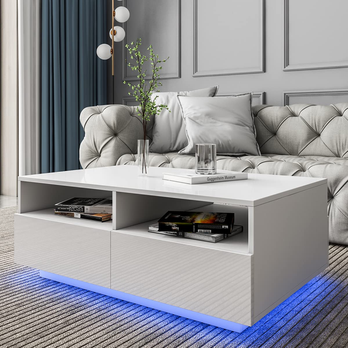 Modern White LED Coffee Table with Storage - 4 Drawers & Open Shelves, 16-Color Lighting for Living Room, Cocktail Table, Home Decor & Entertainment Spaces