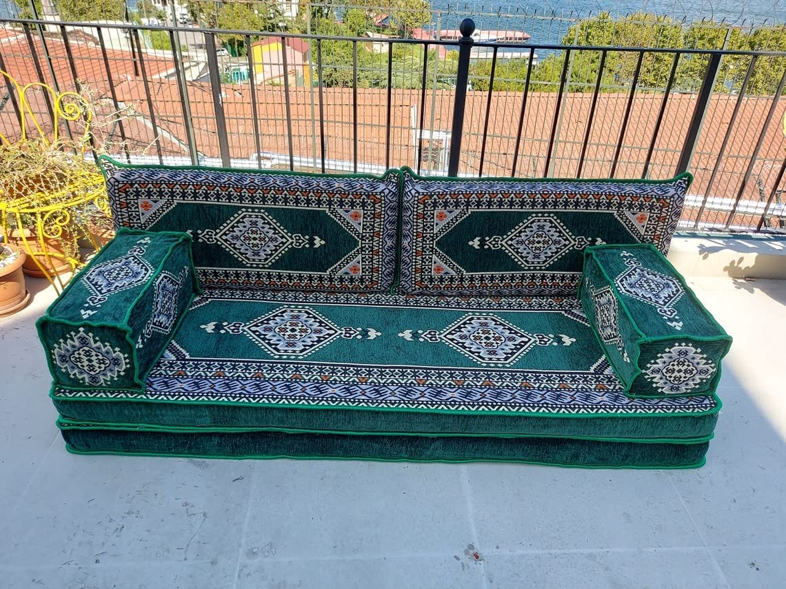 Premium 8-Inch Thick Arabic Floor Sofa Set - Majlis Seating Cushions, Modular Loveseat & Bench for Living Room, Lounge, or Outdoor Use (Eco-Friendly Green Fabric)