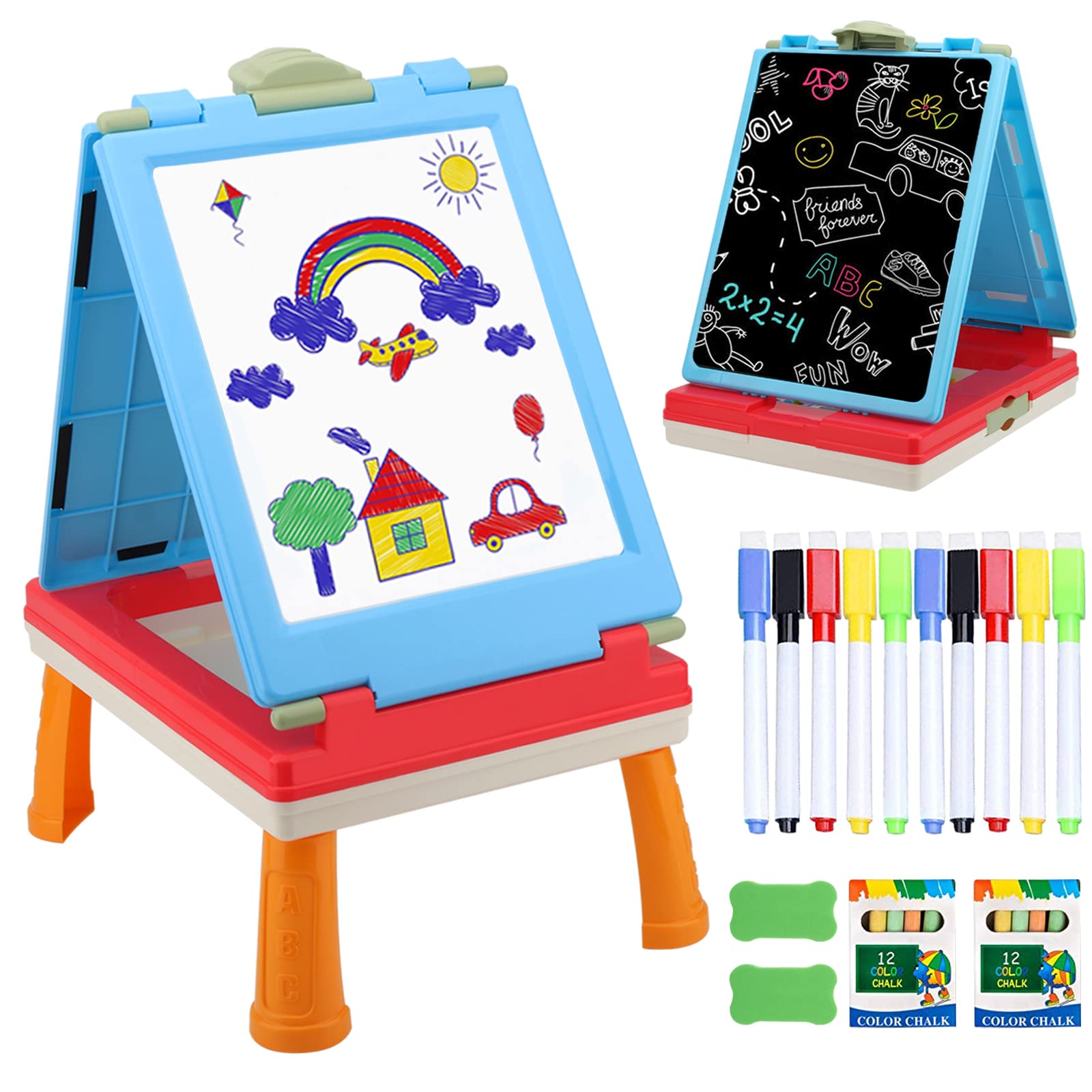 Double Sided Foldable Kids Table Art Easel - Adjustable Chalkboard & Whiteboard Desktop Drawing Stand with Storage Tray | Perfect for Home, Classroom & Travel Art Activities (Red)