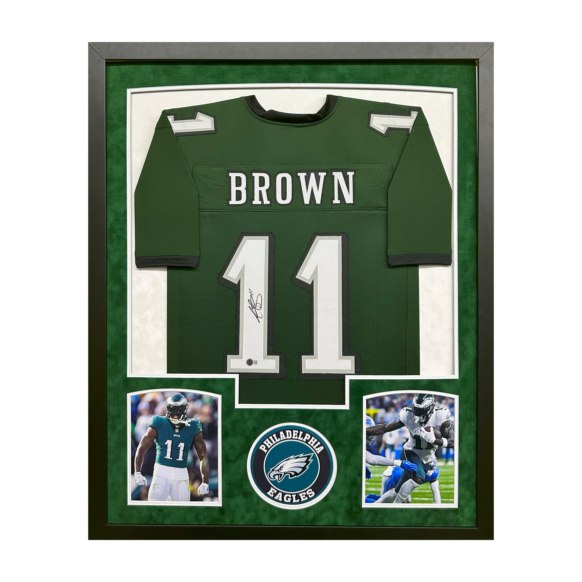 AJ Brown Autographed Philadelphia Eagles Green Custom Suede Matte Framed Football Jersey - Perfect for Eagles Fans, Sports Memorabilia Collectors, and Man Cave Decor