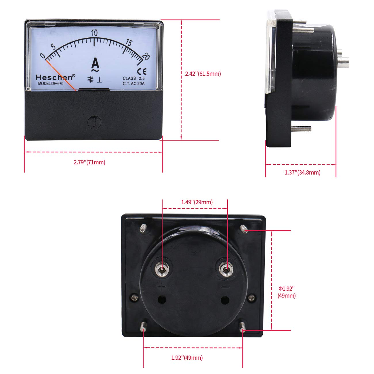 DH-670 Ammeter Tester - Class 2.5 AC 0-20A Panel Mounted Analog Current Meter for Electrical Panels, Industrial Equipment & DIY Projects