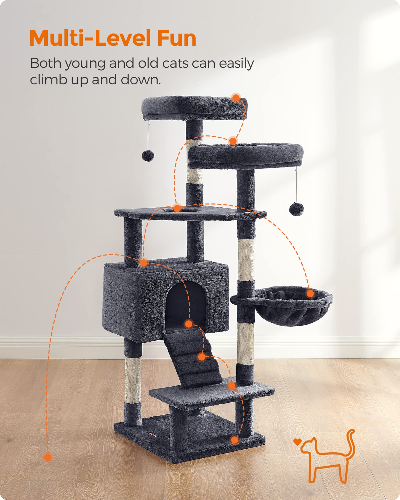 FEANDREA 55.9-Inch Cat Tree Tower for Indoor Cats - Multi-Level Cat Condo with Scratching Posts, 2 Plush Perches, Basket & Large Cat Cave - Durable Cat Activity Center with Ramp in Smoky Gray (UPCT160G01) - Perfect for Small Spaces & Playful Kittens