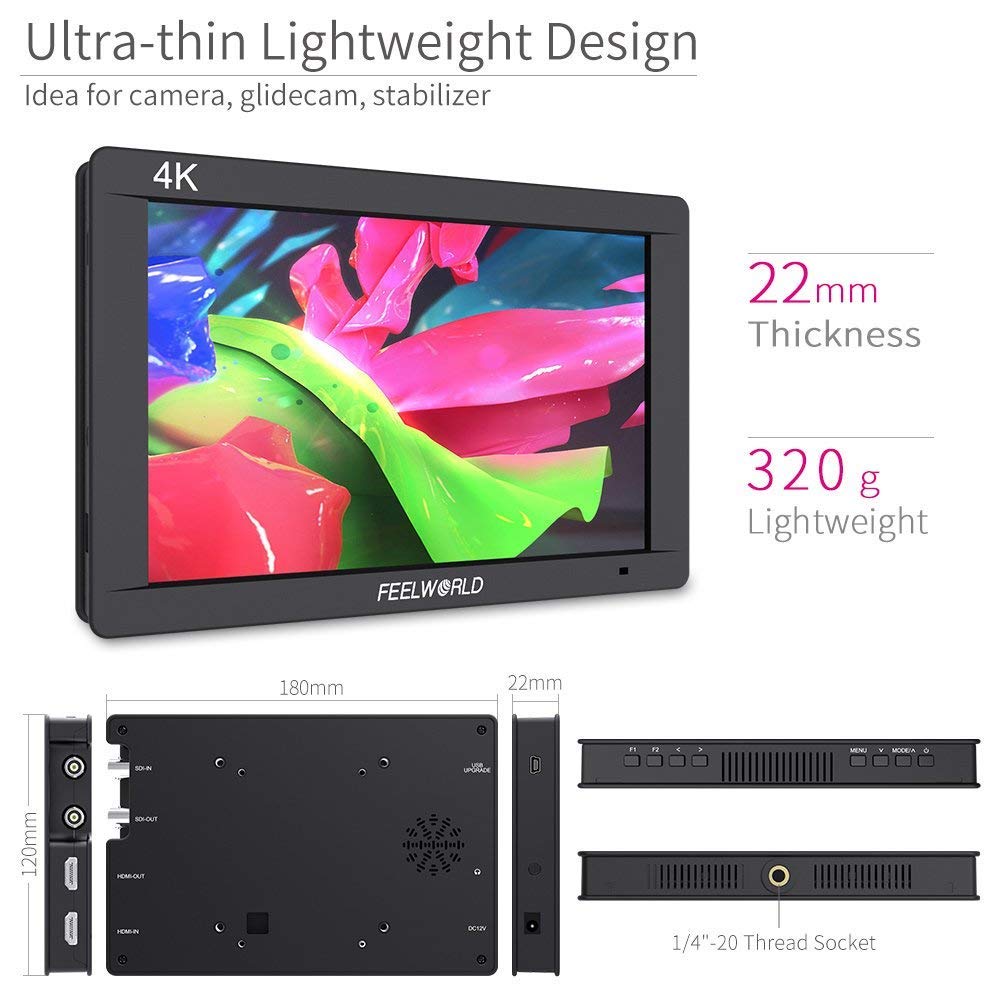 Feelworld FW703 7 Inch IPS Full HD 1920x1200 4K On-Camera Monitor with 3G-SDI/HDMI Input & Output - Professional DSLR Camera Field Monitor for Filmmaking, Vlogging, and Live Streaming
