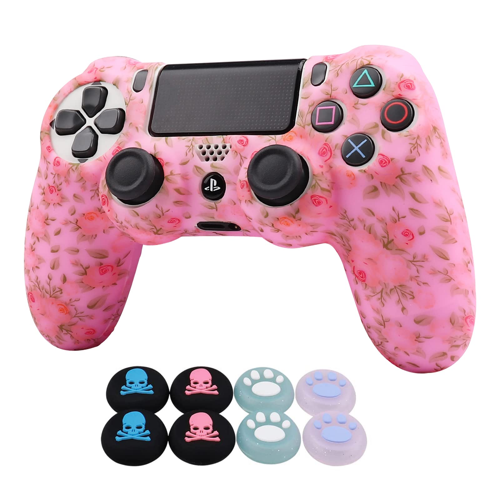 ROTOMOON PS4 Rose Silicone Controller Cover with 8 Thumb Grips & L2 R2 Trigger Protector - Anti-Slip, Sweat-Proof Skin for Playstation 4 Slim/Pro Controller - Perfect for Gaming, Long Sessions & Protection