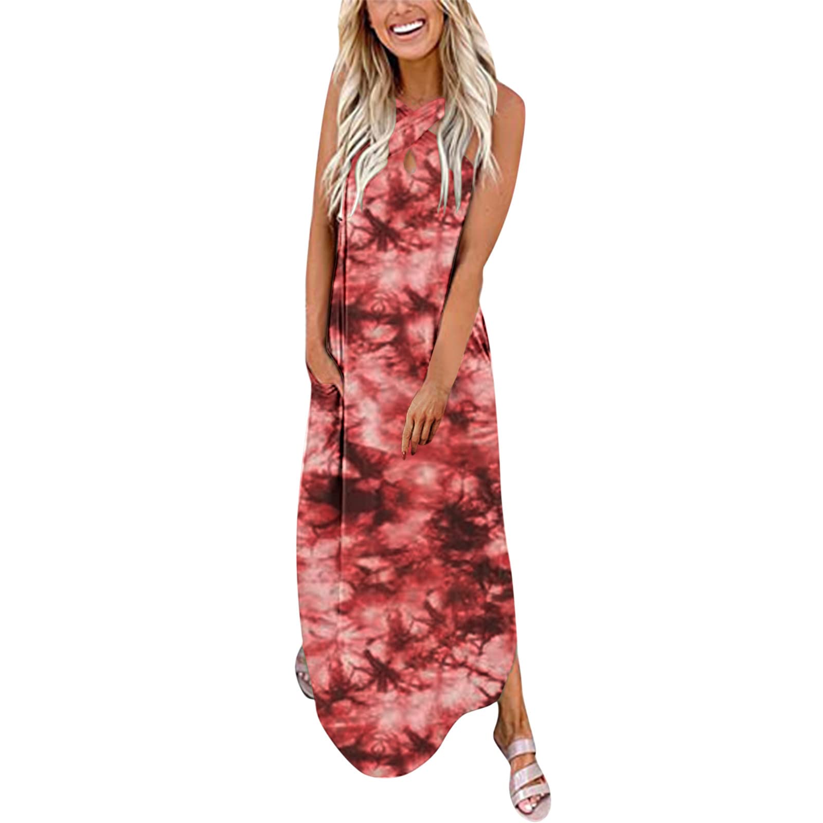 Girls Summer Dresses 10-12 Years - Casual Floral Print Loose Maxi Sundress with Pockets, Sleeveless Crisscross Back Long Dress for Beach, Vacation & Outdoor Activities