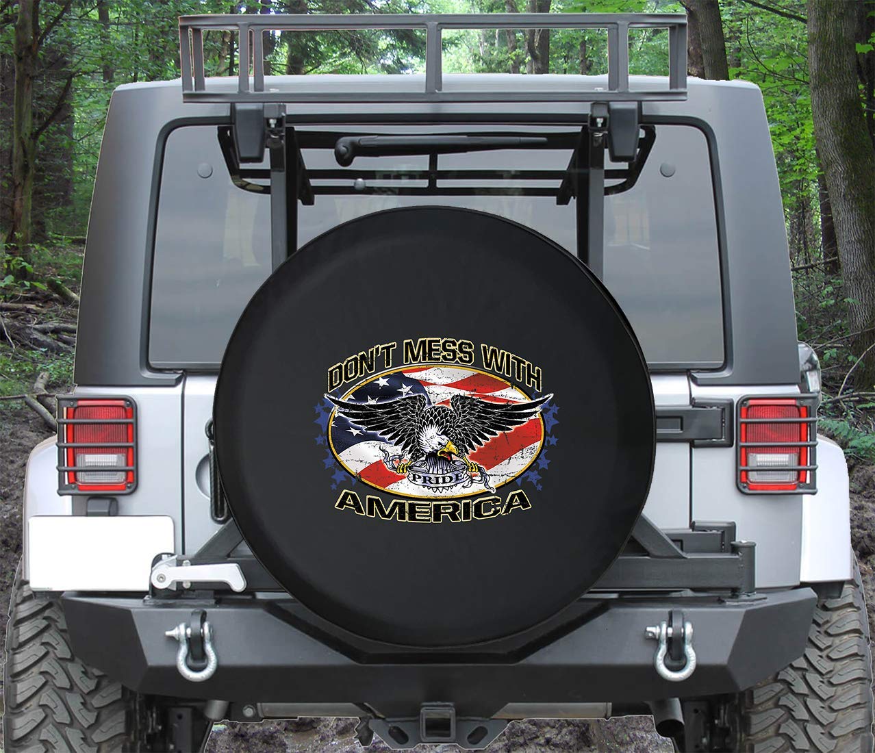 Universal Spare Tire Cover - Distressed 'Don't Mess America' Design - Fits 31 Inch Tires - Black - Perfect for Jeeps, Trucks & RVs - Outdoor Adventure Accessory
