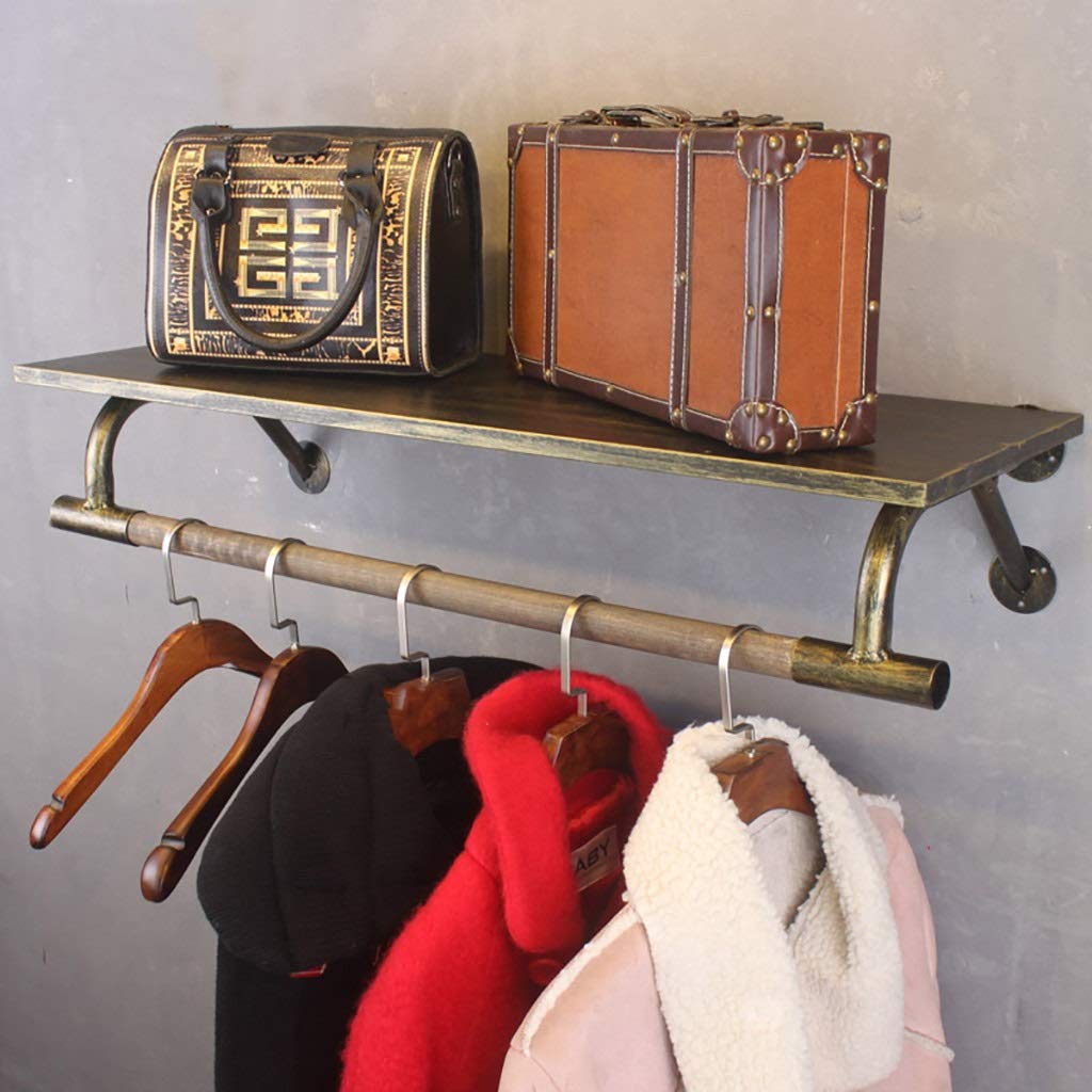 FKhanger Wall Mounted Wooden Clothes Rail - Space Saving Garment Rack with Shelf for Bedroom, Closet & Entryway | Industrial Style Coat Hanger (60×29×20cm) | Perfect for Small Apartments, Clothing Stores & Home Organization