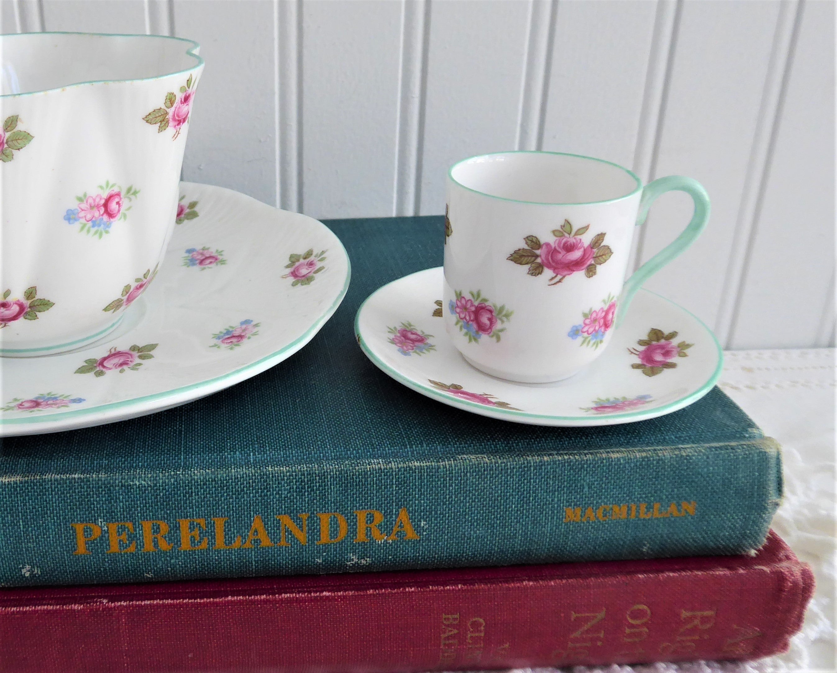Vintage Miniature Shelley Rosebud Tea Cup and Saucer Set - 1950s Canterbury Shape with Green Trim - Perfect for English Tea Parties, Collectible Display, and Vintage Home Decor