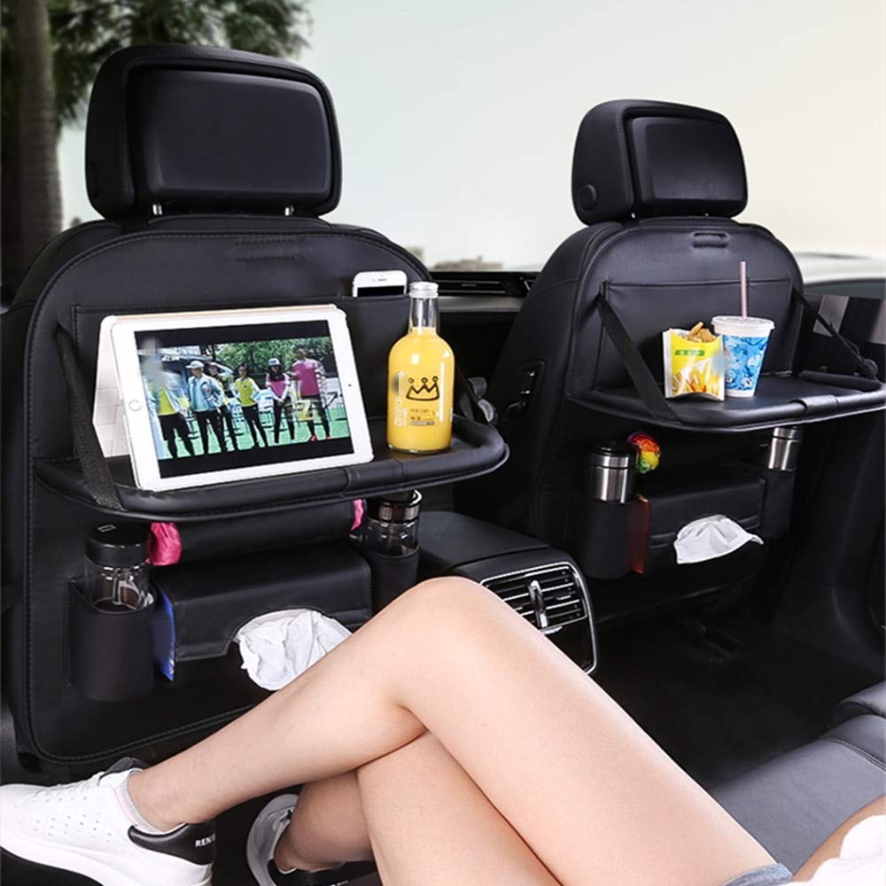 Foldable Car Backseat Organizer with Tablet Holder - Kick Mats & Dining Tray for Kids - Travel Accessories Organizer (1 Pack, Beige) - Perfect for Road Trips & Family Travel