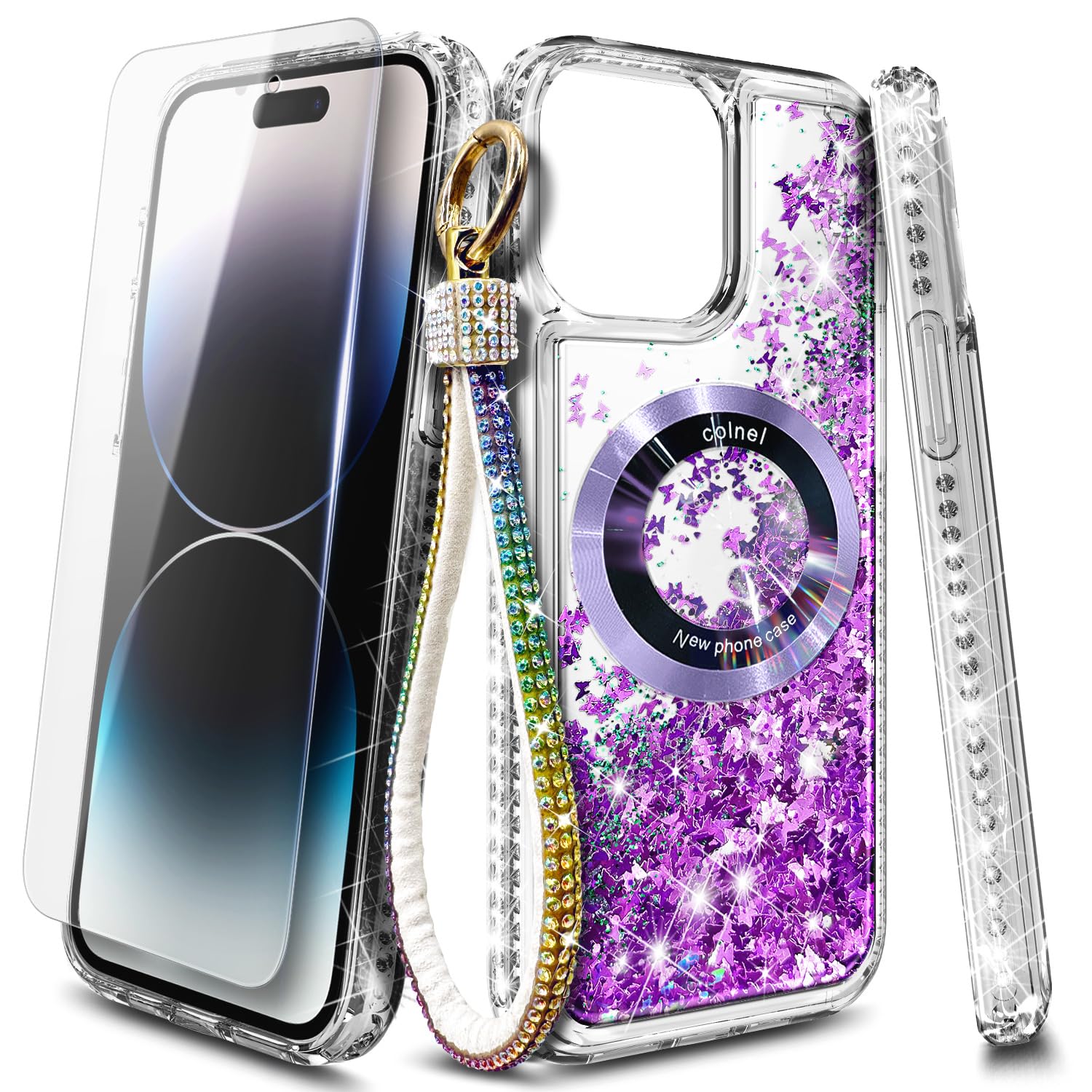 Magnetic Case for iPhone 13 Pro with MagSafe - Tempered Glass Screen Protector, Camera Lens Protector & Wrist Strap Lanyard | Glitter Floating Liquid Design (Purple Butterfly) | Perfect for Everyday Protection & Stylish Accessorizing