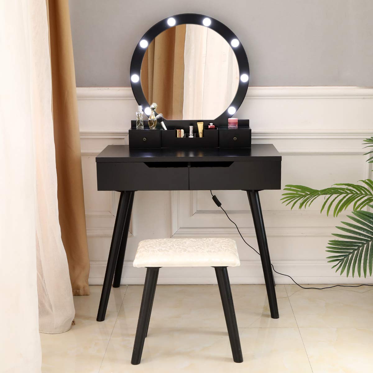 Lighted Makeup Vanity Set with Mirror & Stool - Bedroom Beauty Station for Women & Girls (Black, White Light) - Perfect for Dressing Rooms & Home Decor