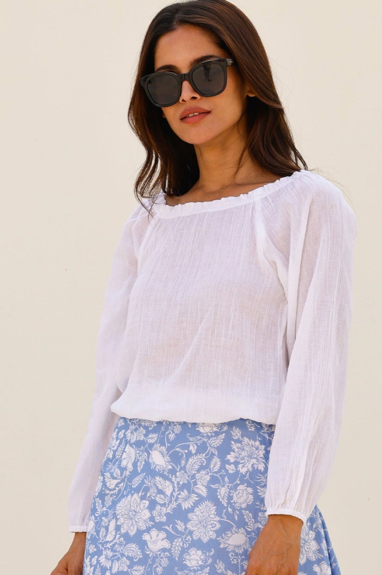 Ilana Long Sleeve Frill Organic Cotton Gauze Top for Women | Breathable White Blouse for Spring & Summer | Casual Boho Shirt for Beach, Date Night & Outdoor Activities