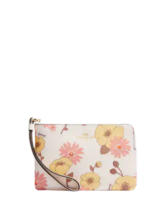Coach Corner Zip Wristlet with Floral Cluster Print - Stylish Crossbody Wallet for Women, Perfect for Parties, Travel & Everyday Use