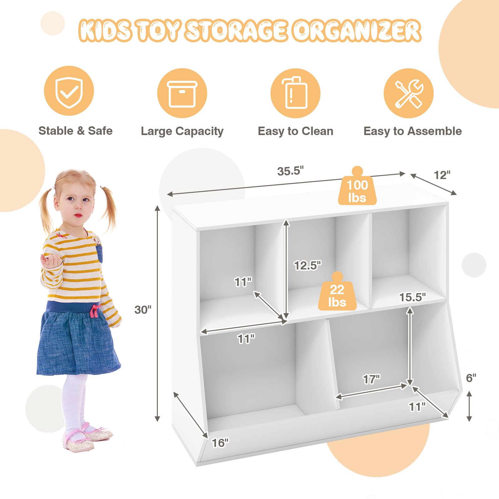 5 Cubby Open Wooden Kids Bookshelf & Toy Organizer - Toddler Playroom Storage for Bedroom, Nursery, and Daycare Organization