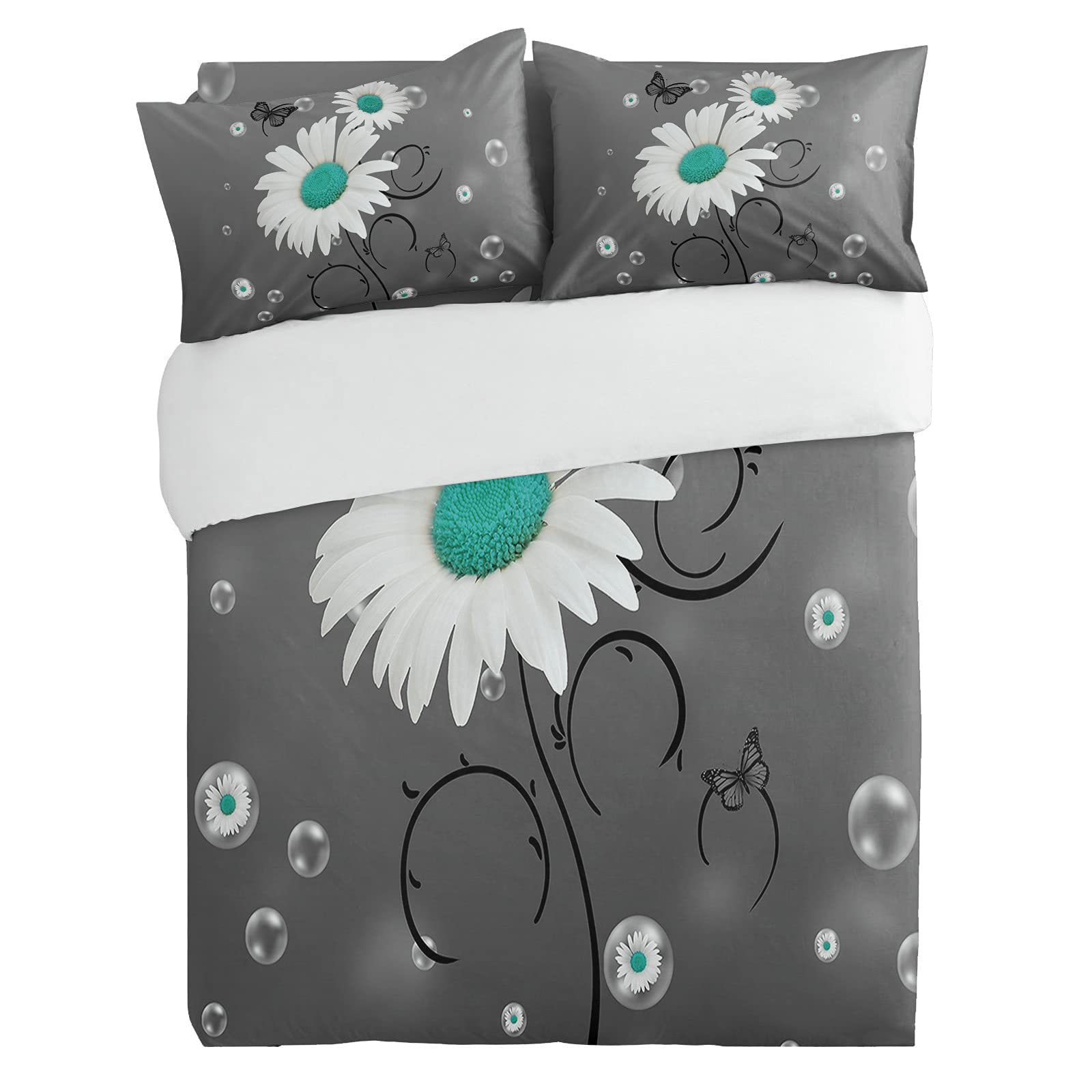 Cal King Duvet Cover Set 3-Piece with Zipper Closure - White Daisy Floral Butterfly & Dreamy Bubbles Design, Ultra Soft Luxury Comforter Cover & Pillowcases, Gray Floral Art Bedding for Master Bedroom - Perfect for Guest Rooms & Cozy Sleep Retreats