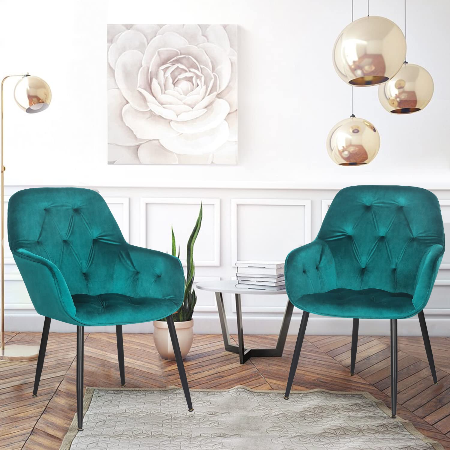 Modern Velvet Dining Chair Set of 2 - Upholstered Vanity Chairs with Non-Slip Mat & Arms for Living Room, Dressing Room, Office - Green Luxury Seating for Home Decor & Entertaining