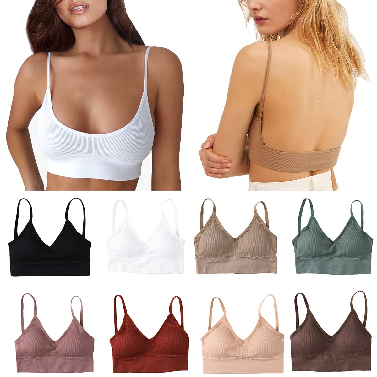 Fuxoi Seamless Low Back Bras for Women - Comfortable V Neck Cami Crop Bralette, Sports Bra & Sleep Bra - Perfect for Yoga, Workouts & Everyday Wear