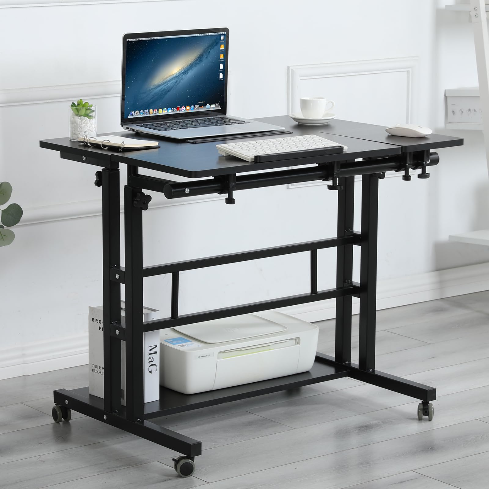 Adjustable Mobile Computer Desk Cart with Wheels - Portable Standing & Sitting Workstation for Home Office - Black - Ideal for Remote Work, Gaming & Study Spaces